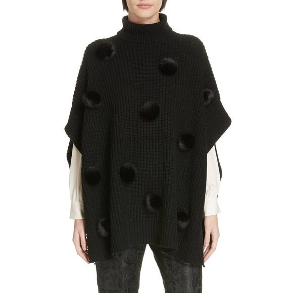 Kate Spade Cashmere Blend Faux Fur Pom Poms Front Turtleneck Poncho Black OS - Picture 1 of 9